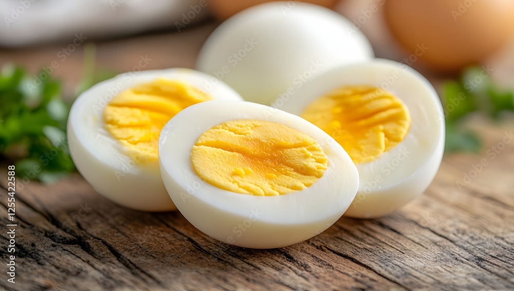Perfectly Cooked Hard-Boiled Eggs, Ready to Enjoy as a Nutritious and Delicious Breakfast or Snack, Featuring a Close-up View of the Yolks and Whites.