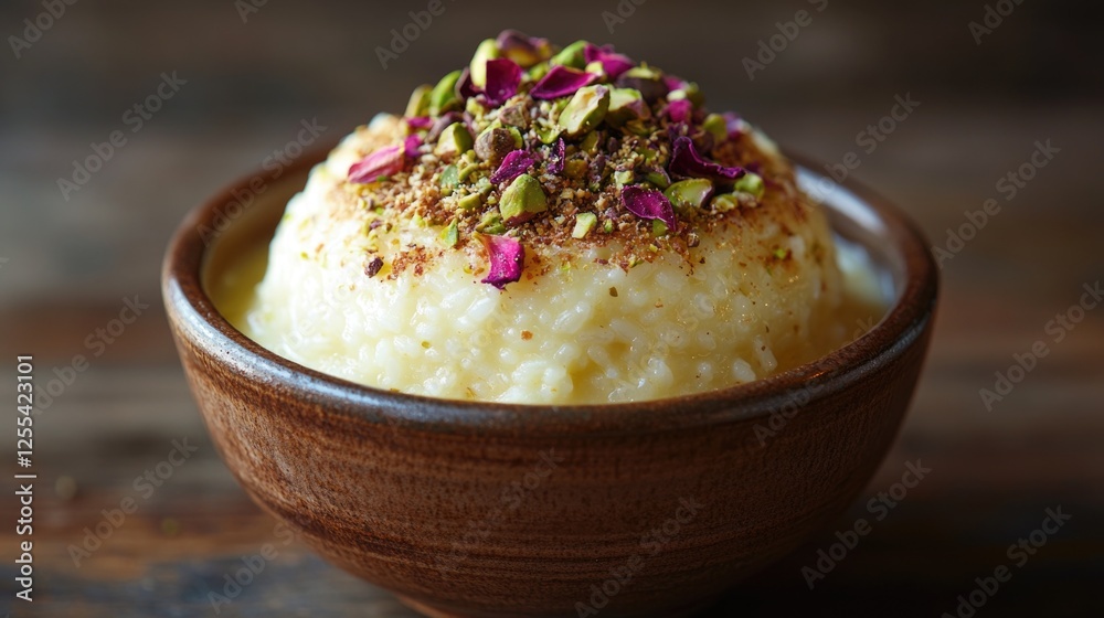Creamy rice pudding topped with pistachio and rose petals in wooden bowl Creamy rice pudding topped with pistachio and rose petals in wooden bowl