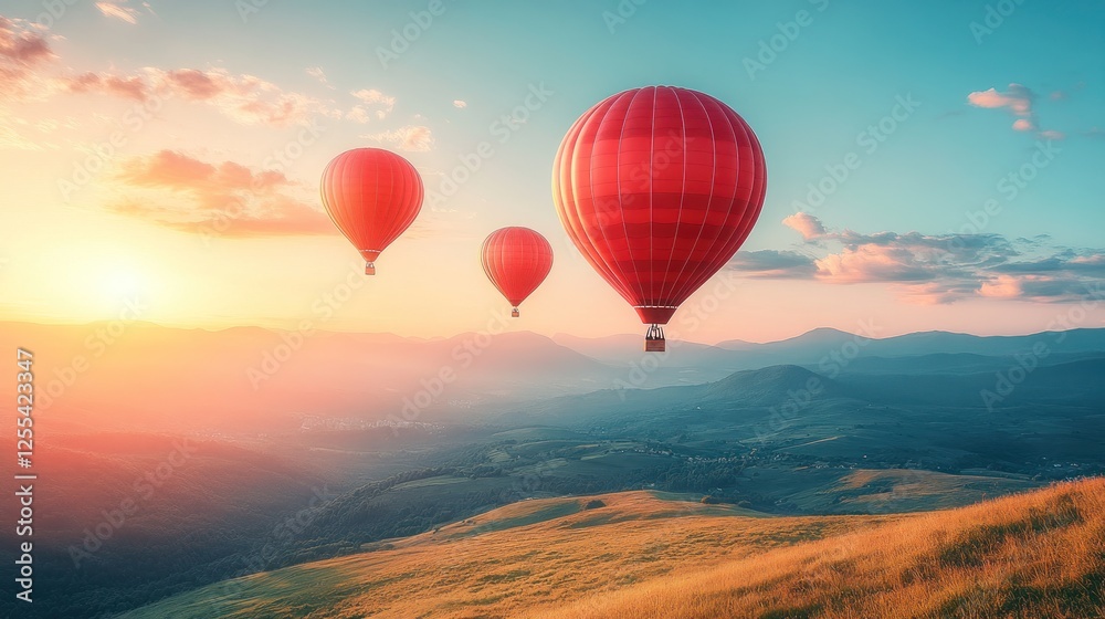 Sunset Hot Air Balloons Soaring Mountainscape Sunset Hot Air Balloons Soaring Mountainscape