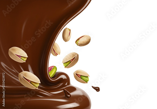 Obraz na płótnie Dark chocolate splashing with pieces of pistachios scattered around, creating a dynamic and rich texture. The background is plain and white, emphasizing the chocolate and nuts on isolated background w salonie