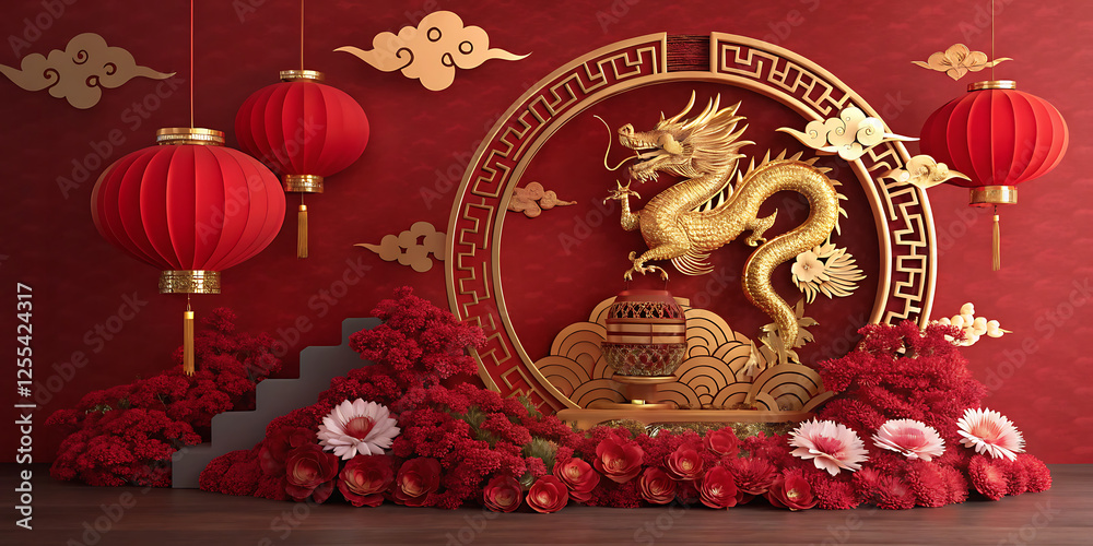 Obraz premium Golden Dragon with Red Lanterns and Plum Blossoms in a Luxurious Chinese New Year Celebration, Festive Decorations, and Traditional Symbols 