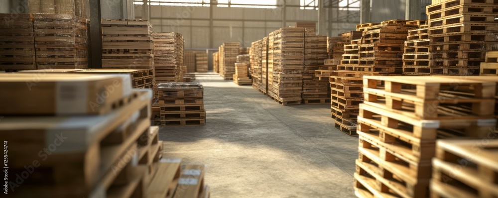 Warehouse filled with stacked wooden pallets in sunlit industrial setting Warehouse filled with stacked wooden pallets in sunlit industrial setting