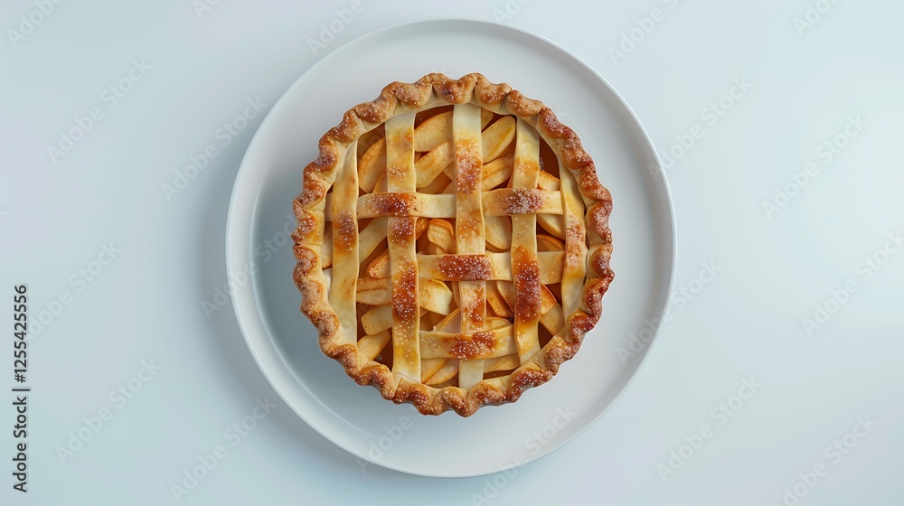 A freshly baked apple pie with a lattice crust on a white plate on a white background A freshly baked apple pie with a lattice crust on a white plate on a white background