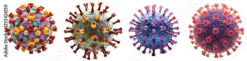 Illustration of various strains of a virus showcasing intricate details and vibrant colors, highlighting the complexity of viral structures. PNG transparent