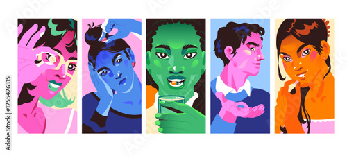 Set of colourful posters with people eating pills. Women and men take medications, medic cure. Patients drink different remedies, drugs, capsules, tablets. Healthcare cards. Flat vector illustrations
