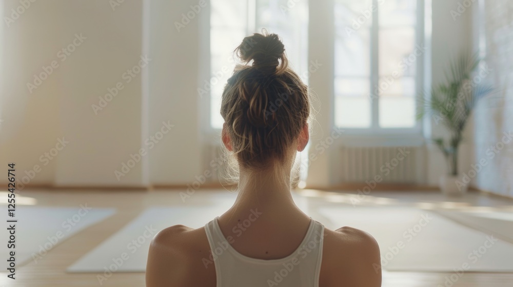 A woman with her back to the camera wearing a white tank top stands in a serene yoga studio with white walls wooden floors and large windows surrounded by yoga mats. A woman with her back to the camera wearing a white tank top stands in a serene yoga studio with white walls wooden floors and large windows surrounded by yoga mats.