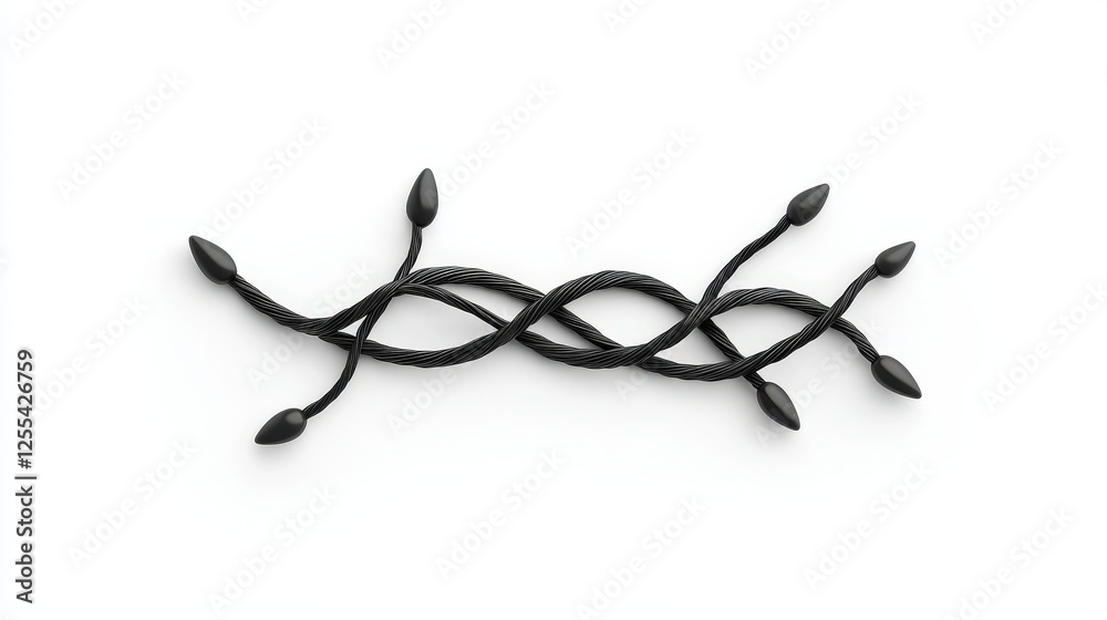 Decorative black braided cord with pointed ends arranged on a white background for stylish accents