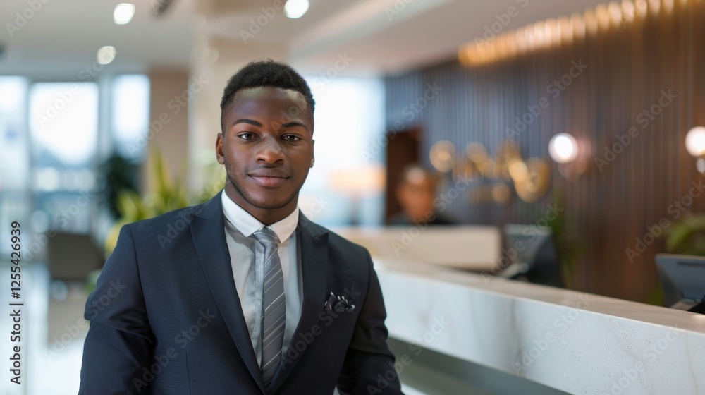 Fototapeta premium A young black man in a suit stands in a modern Office lobby exuding professionalism and confidence