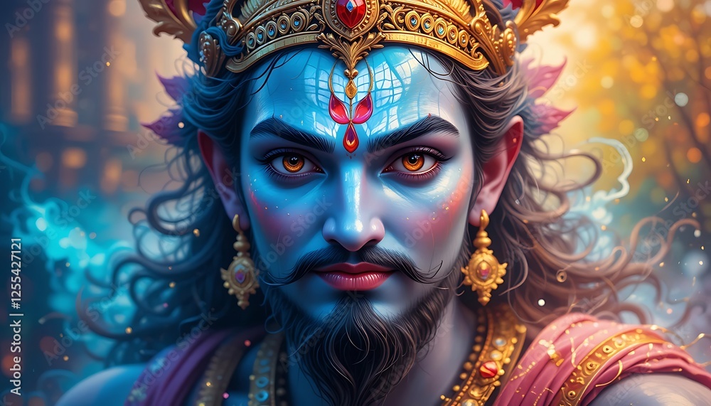 Portrait of a deity with vibrant clouds, golden crown, and decorative jewelry in a mystical setting. Generative AI Portrait of a deity with vibrant clouds, golden crown, and decorative jewelry in a mystical setting. Generative AI