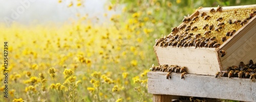 Honeybee hive with honeycomb in a beehive frame on a meadow, with a rapeseed flowers field in the white background
