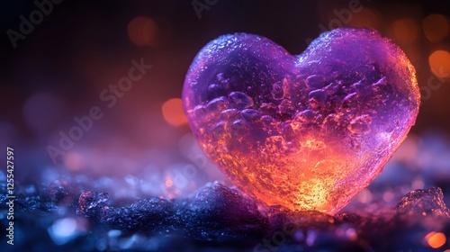 Luminous heart of ice on dark crystal ground glowing with love and passion in a romantic scene