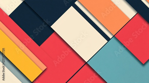A vibrant composition of intersecting geometric shapes featuring layered color blocks
