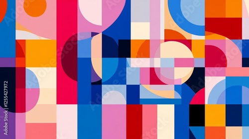 A vibrant composition of intersecting geometric shapes in various colors forming an abstract pattern