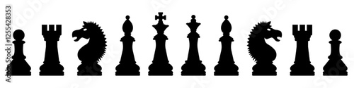 Set of black chess game figures silhouette in black