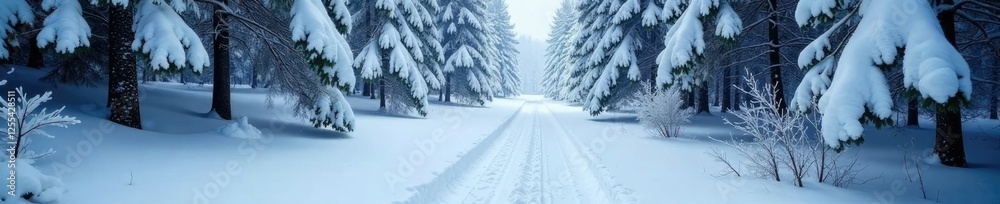 Fototapeta premium A snow-covered forest trail lined with tall frosty pines and blanketed in a thick layer of fresh powder, snow covered path, forest scenery