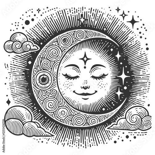 Mystical Crescent Moon with Serene Face vector