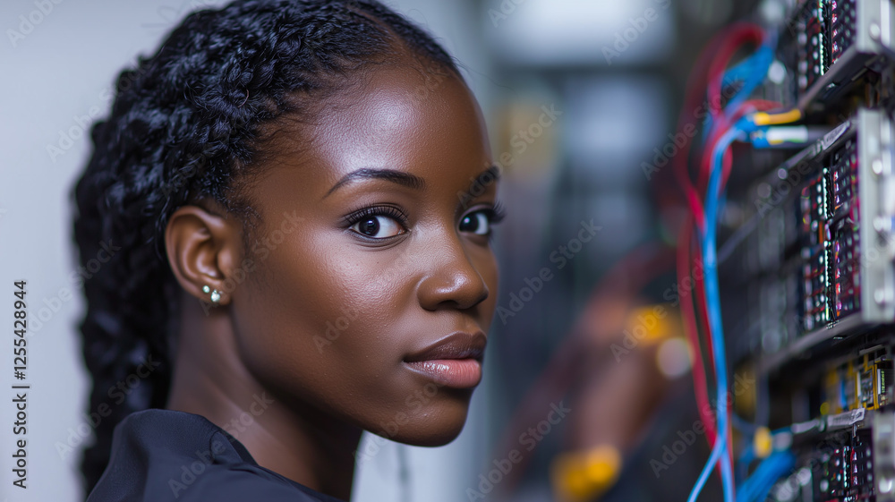Fototapeta premium Black woman IT engineer troubleshooting in data center 