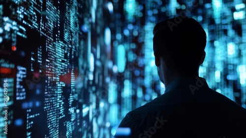 A person observes lines of digital code on a large screen, facing forward, looking at data, computer