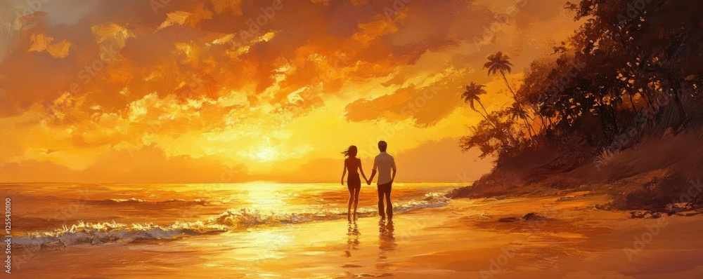 Romantic beach sunset with couple holding hands on tropical shore Romantic beach sunset with couple holding hands on tropical shore