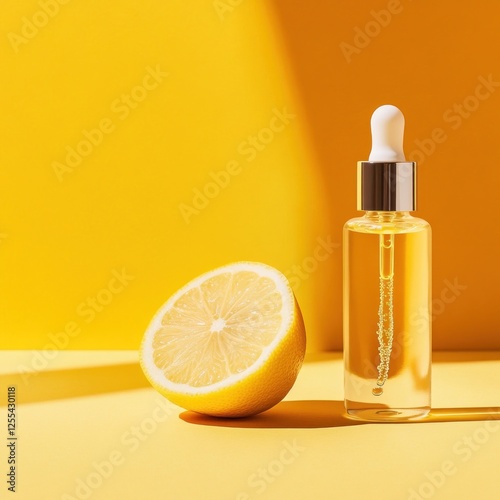 Lemon essential oil bottle and half lemon on yellow background (2)