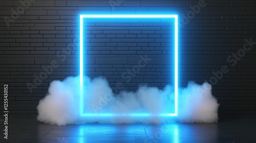 Glowing neon blue square frame is mounted on a black brick wall, with smoke or fog billowing at the base, creating a dramatic and vibrant scene photo