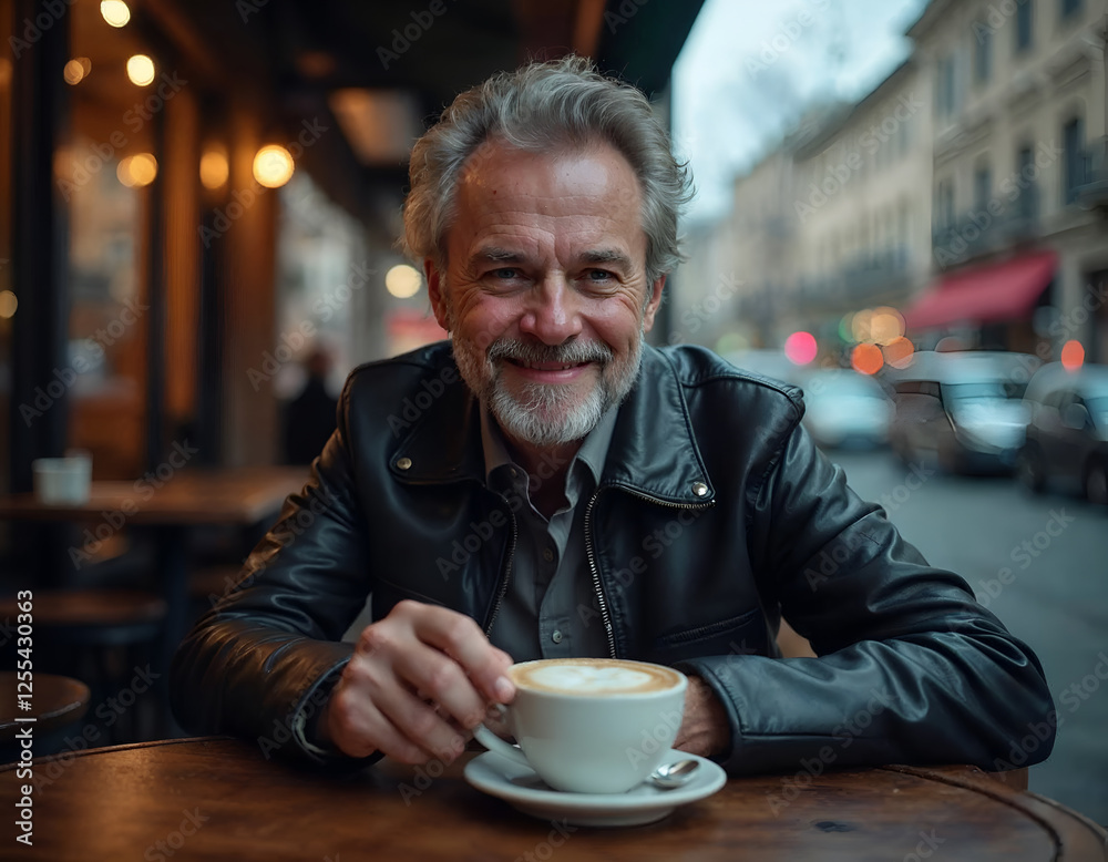 Smiling Mature Man Enjoys a Warm Beverage in a Cozy Cafe.
Smiling Mature Man Enjoys a Warm Beverage in a Cozy Cafe.