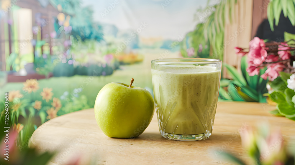 Fototapeta premium A close-up of a glass filled with green apple smoothie next to a fresh green apple on a table, set against a soft, vibrant nature-themed background with greenery and flowers. 