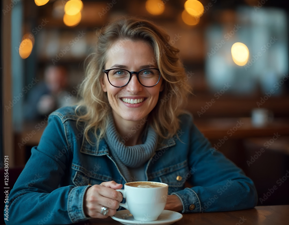 Smiling Mature Woman Enjoys a Warm Beverage in a Cozy Cafe