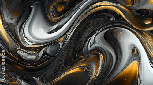 Abstract black gold and silver fluid background with swirling patterns and light reflections