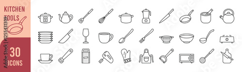 Editable kitchen utensils line icons collection. Vector illustration. Contains kitchen utensils, Pot, Frying pan, Knife, Fork, Spoon, Plate, Bowl, Cup, Glass, Mug