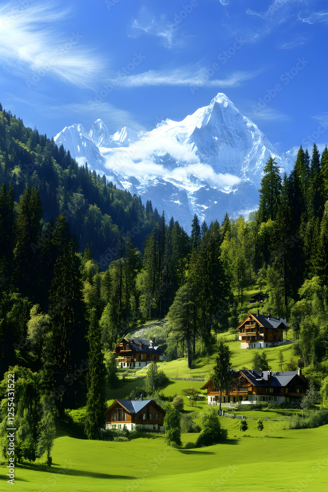 Idyllic mountain village scene with chalets, lush green fields, and towering, snow-capped peaks against a bright blue sky for nature travel Idyllic mountain village scene with chalets, lush green fields, and towering, snow-capped peaks against a bright blue sky for nature travel