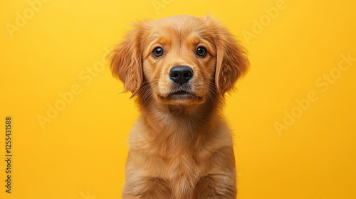 Golden Retriever puppy posing, yellow background, studio shot, pet adoption photo