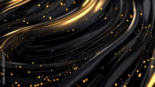 Contemporary black and gold abstract design with swirling lines and glittery particles