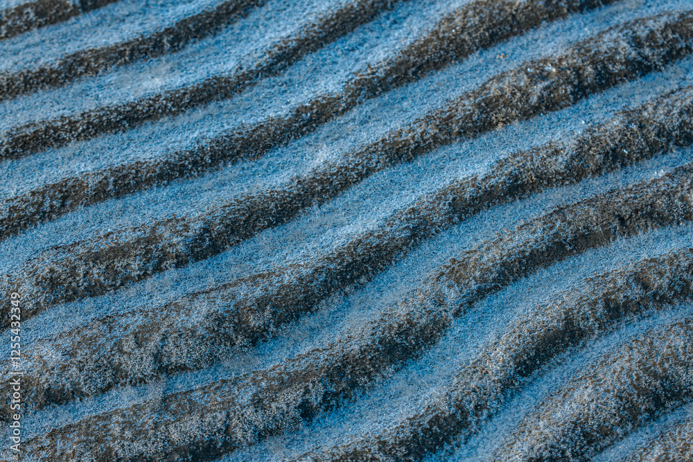 Close-up of sand ripples with a dusting of frost, creating a textured and wavy pattern. The contrast between dark sand and icy blue tones highlights natural formations. Close-up of sand ripples with a dusting of frost, creating a textured and wavy pattern. The contrast between dark sand and icy blue tones highlights natural formations.