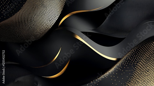 A modern black and gold abstract design with flowing curves and textured patterns