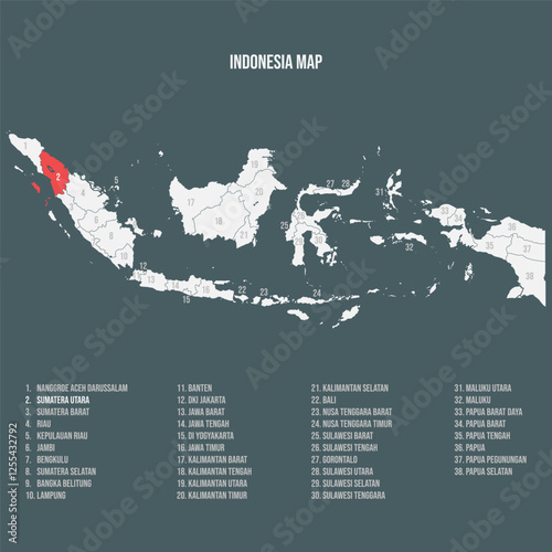 Indonesia Map with 38 Provinces - Sumatera Utara