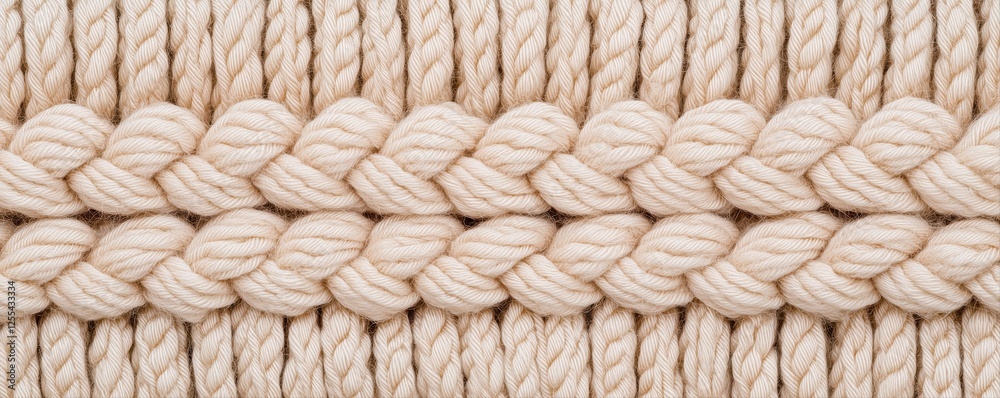 Close up of a beige knitted cable pattern, highlighting the soft texture and intricate details of the handmade craftsmanship Close up of a beige knitted cable pattern, highlighting the soft texture and intricate details of the handmade craftsmanship