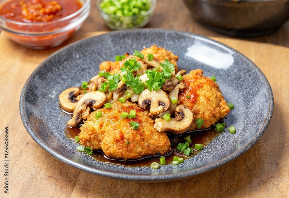 fried chicken with mushrooms garlic onions and hot sauce fried chicken with mushrooms garlic onions and hot sauce