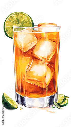 Vector watercolor style Cuba Libre alcoholic cocktail with ice cubes, splashes illustration for posters, decoration, menu and logo. mocktail drink, beverage isolated on a white background