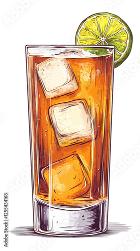 Vector watercolor style Cuba Libre alcoholic cocktail with ice cubes, splashes illustration for posters, decoration, menu and logo. mocktail drink, beverage isolated on a white background