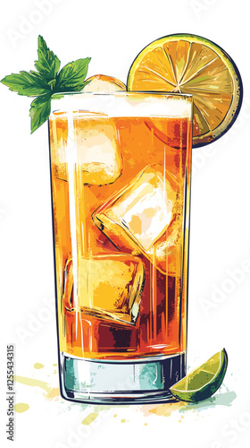 Vector watercolor style Cuba Libre alcoholic cocktail with ice cubes, splashes illustration for posters, decoration, menu and logo. mocktail drink, beverage isolated on a white background