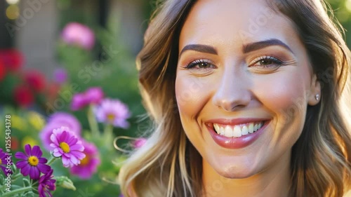 Joyful Woman Smiling in Vibrant Garden with Colorful Flowers, Showcasing Cheerful Expression Amidst Lush Greenery and Natural Beauty Happy Mother's Day, Women's day