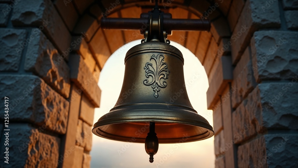 Obraz premium Majestic Old Brass Bell with Swirling Foliage Patterns in Belfry, Glistening in Golden Dawn Light Through Stone Arches