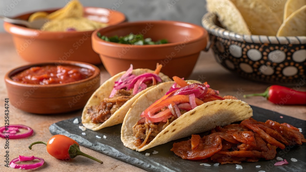 Delicious Pulled Pork Tacos: A mouthwatering spread of two pulled pork tacos with vibrant pickled onions, salsa, and a side of crunchy tortilla chips. Delicious Pulled Pork Tacos: A mouthwatering spread of two pulled pork tacos with vibrant pickled onions, salsa, and a side of crunchy tortilla chips.