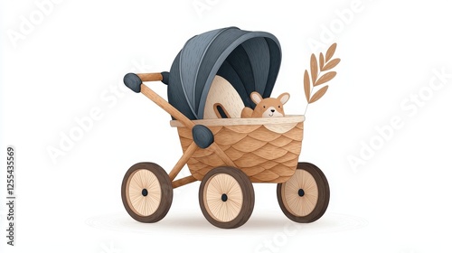 Cute Baby Stroller with Teddy Bear and Decorative Plant Illustration for Children's Themes photo