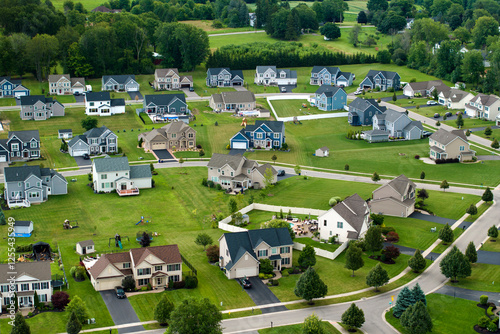 Top view of expensive two story private houses in Rochester NY suburbia. New family homes in upscale community. Real estate development in american suburbs