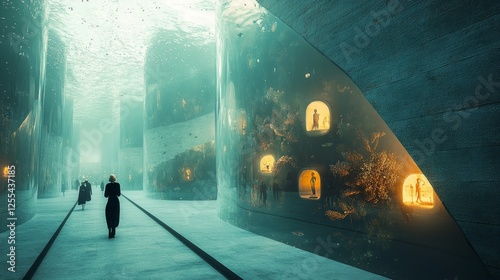 A futuristic underwater museum with walls made of transparent material and floating relics photo