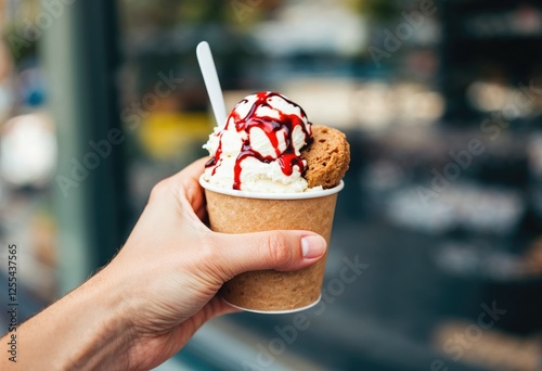 side view hand holding cup with ice cream