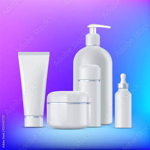 Beauty product packaging and bottles templates. On neon background. Vector illustration