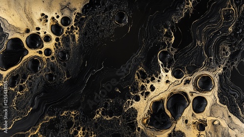 Contemporary black and gold abstract pattern with fluid shapes and textured surface